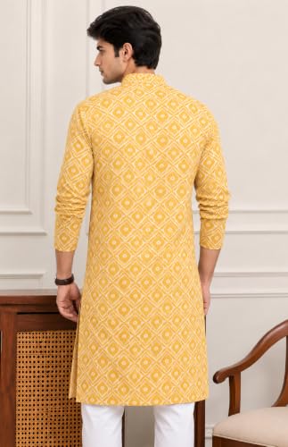 Image of FOXDX Men's Cotton Kurta, Ethnic Printed Kurta for Perfect Ethnic Look, Stand Collar Long Sleeve Casual Printed Regular Long Kurta