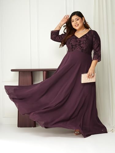 Image of Miss Chase A+ Women's Floral Printed Relaxed Fit V -Neck 3 /4Th Sleeve Georgette Maxi Dress