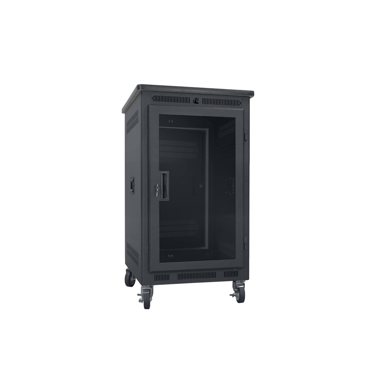 Lowell LPR-1427PGT LPR Series 14U x 27 Inches Deep Portable AV Rack with Plexiglass Door; Solid Steel Top with Overhanging Laminate Top; Solid Steel Base with 4 Heavy Duty Swivel Casters