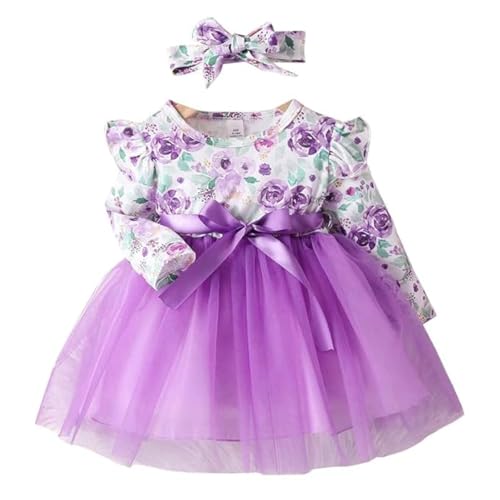 Image of Niren Enterprise Long Sleeve Printed Flower Belted Round Neck Baby Girl Frock with Knee-Length and A-Line Style