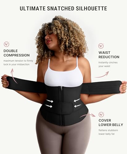 Image of FeelinGirl Waist Trainer for Women Belly Fat Long Torso Sauna Workout 2 Belt With Zipper 7 Steel Bones Corset