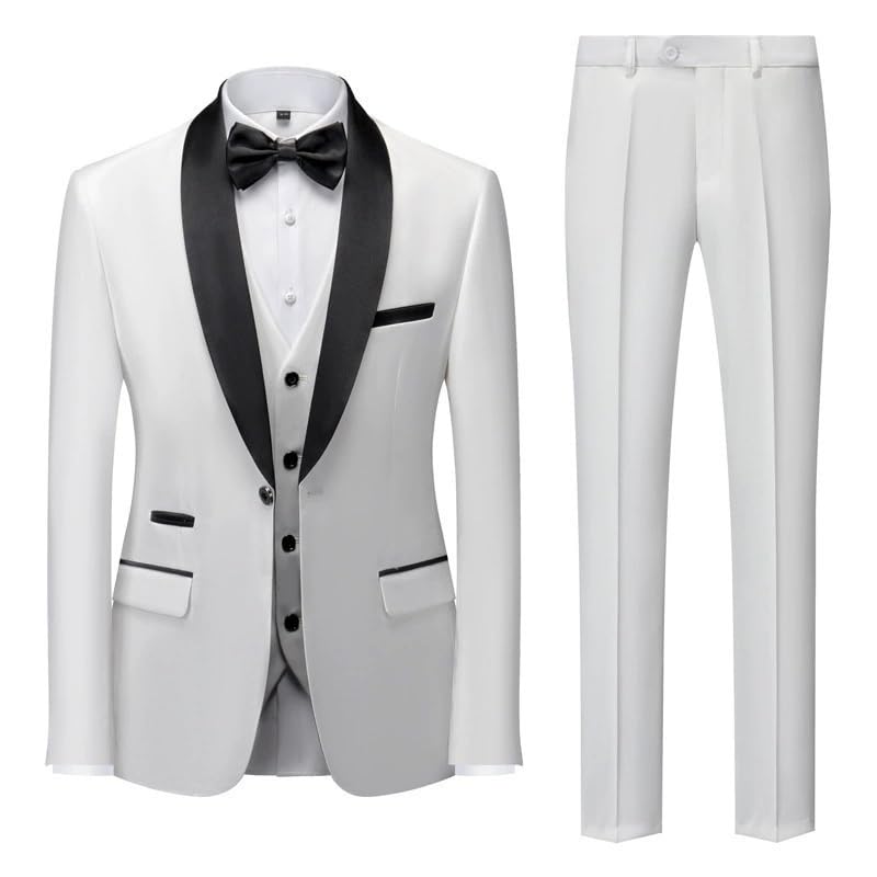 Business Men’s Slim Fit 3 Piece Suit Set with Pants Vest Formal Tuxedo Wedding Party Prom Groom Suit(White,XXXXX-Large)
