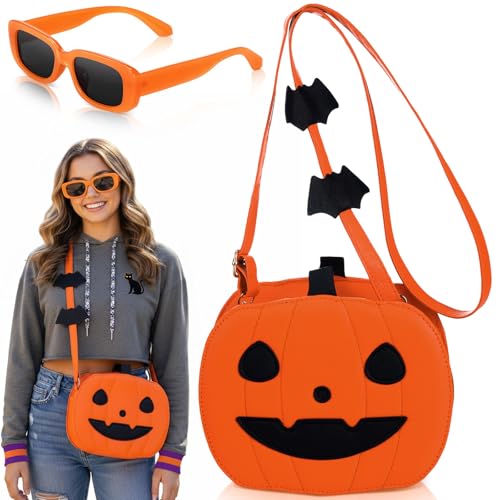 Kingdder 2 Pcs Halloween Pumpkin Purse for Women Halloween Crossbody Bag Cute Little Jack O Lantern Purse with Eyeglasses Pumpkin Wallet Shoulder Bag Funny Devil Wallet3