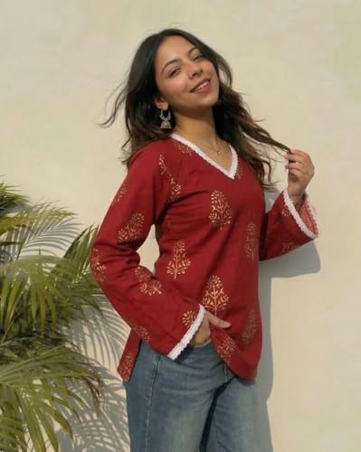 Image of ANNI Designer Women's Viscose Printed Short Kurti | Red Buta Print Tunic Top | V Neck Lace Detail | Full Sleeve Hip Length Kurta Top for Women