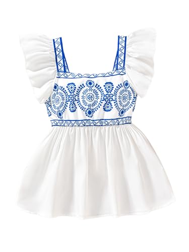 Floerns Girl's Boho Ruffle Sleeve Pelum Blouses Vacation Square Neck Tribal Flared Blouses