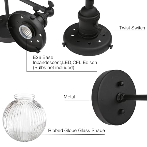 Image of PERMO 2 Lights Sconce Industrial Wall Sconce Lighting with Ribbed Globe Glass Lampshade Vintage Double Sconce Hardwired Wall Sconce with Switch