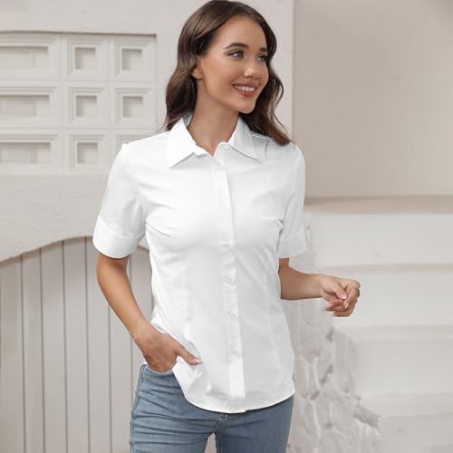 SUNNOW Womens Button Down Shirts Tailored Short Sleeve Shirt Basic Simple Stretch Wrinkle Free Formal Work Blouses2
