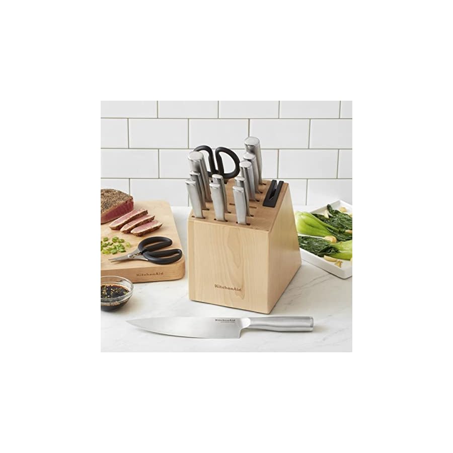 KitchenAid Gourmet 14 piece Forged Stainless Steel Knife Block Set with Built in Knife Sharpener, High Carbon Japanese Stainless Steel, Sharp Kitchen Knife Set with Block, Birchwood