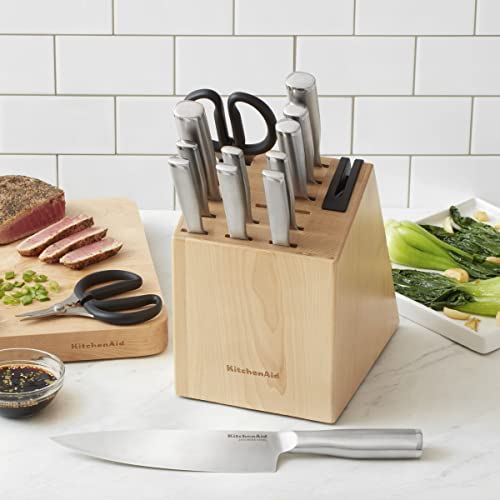 Image of KitchenAid Gourmet 14 piece Forged Stainless Steel Knife Block Set with Built in Knife Sharpener, Japanese Stainless Steel, Sharp Kitchen Knife Set with Block, Birchwood