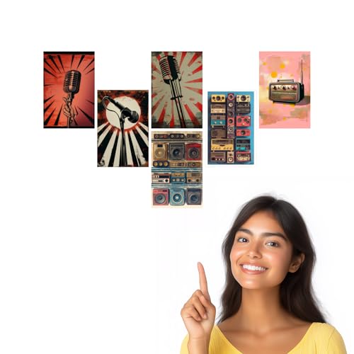 Image of SiddArtify Retro Music Art Print Set - Vintage Microphones and Radios - Set of 2-4x6 Inch - Board (Pack of 6) - Sticker (Pack of 6) Wall Room Decoration art Poster Prints