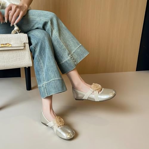 LUXINYU Women Round Toe Mary Jane Flats Pu Leather Elastic Flower Straps Low Heel Ballet Casual Praty Shoes4