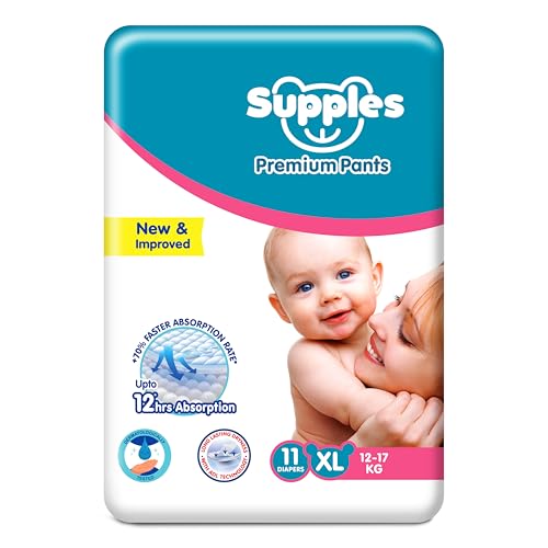 Image of Amazon Brand - Supples Premium Baby Diaper Pants | 11 Baby Diapers | XL | 12-17 Kg | 12 Hrs Absorption | Cushiony Cotton Soft Fabric | Phthalates-Free | Triple Leak Guard