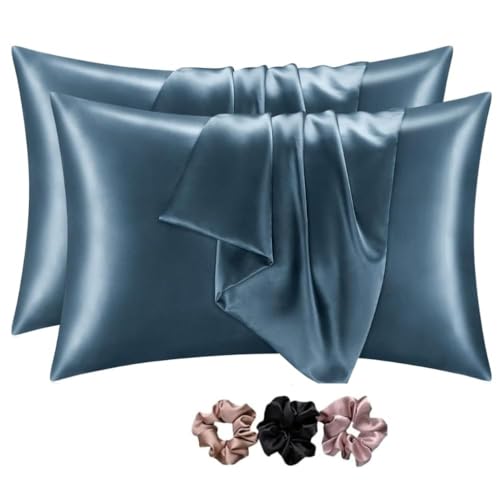 Image of GO WELL Solid Satin Silk Pillow Covers Pack of 2 for Hair and Skin-with Satin Scrunchies |Satin Pillow coves for Hair and Skin|scrunchies for Women 3-Piece|Silk Pillow case (Bluesteel) 800Tc