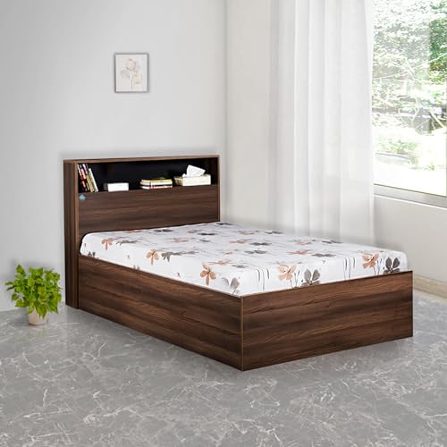 Image of DELITE KOM | 1 Year Warranty | Single Bed, Urban Engineered Wood Bed with Box Storage & with Headboard Shelf Storage, Wooden Bed (83x37 Inches) | Installation Included | Color - Acacia Dark
