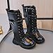 Girls Combat Boots:Fashion Lace Out Side Zipper Outdoor Booties 2025 Long Leather Shoes Hiking Party Dress Footwear（Size11,Black