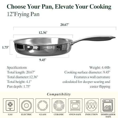 Image of Umite Chef 12 inch 5 Ply Stainless Steel Frying Pan Non-Toxic PFOA&PTFE Free Skillets, Professional Cookware- Oven Safe & Induction Compatible, Fast & Even Heat, Heavy Duty, Cool Grip Handles