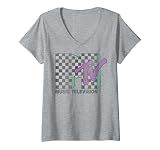 Womens MTV Checkered Distressed Retro Logo V-Neck T-Shirt