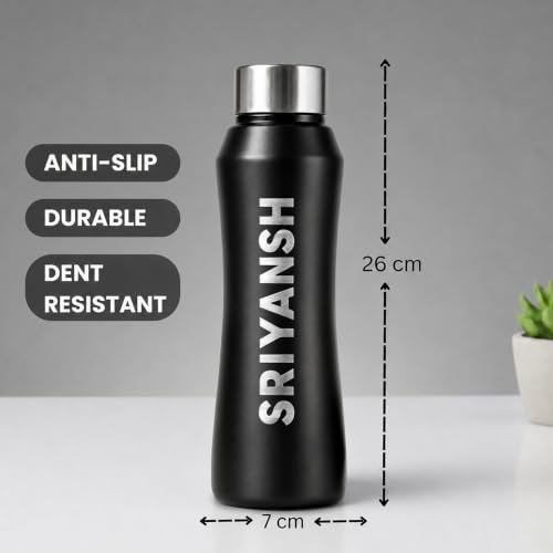 Image of Speedex Customised Stainless Steel Water Bottle 1 Ltr with Engraved Name - Personalised Screw Lid Bottle for Kids, Men & Women, School, Office, Gym, Black, Set of 1