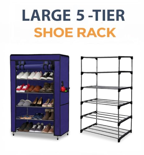 Image of Metal Shoe Stand with Cover, 5 Tier Shoe Organizer for Home & Office - Blue
