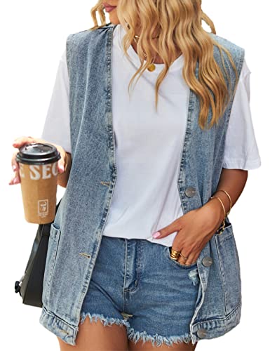 Denim Jean Vest for Women Oversized Lightweight Collarless Sleeveless Button Down Denim Waistcoat Jacket