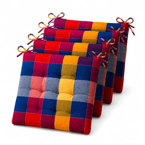 Image of VAS COLLECTIONS Pack of 4 Chair Pad Cushions with Tie Straps, Tufted Seat Cushions for Dining, Office & Wooden Chairs, Soft Comfortable Chair Pads with Durable Stitching, 16 x 16 Inches - Multicolor