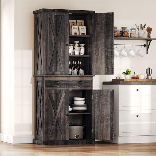 DWVO 72'' Farmhouse Kitchen Pantry, Rustic Wood Kitchen Storage Cabinets with Adjustable Shelves & Drawer, Tall Freestanding Cupboard for Dining Room, Living Room, Dark Gray