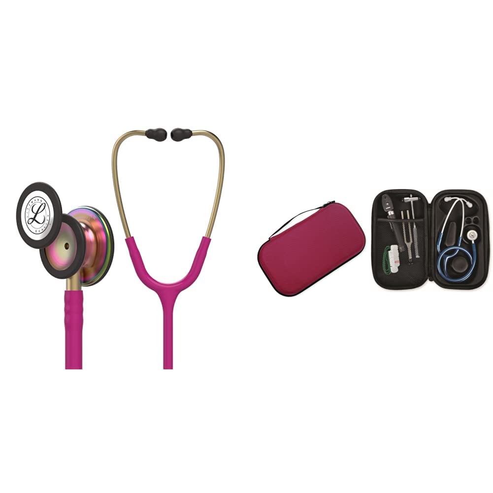 3M Littmann Classic III, Stetoscopio per il monitoraggio, finitura arcobaleno, tubo auricolare lampone, 69 cm, 5806 + GIMA ASTUCCIO PORTA FONENDO, Bordeaux, Uso Professionale