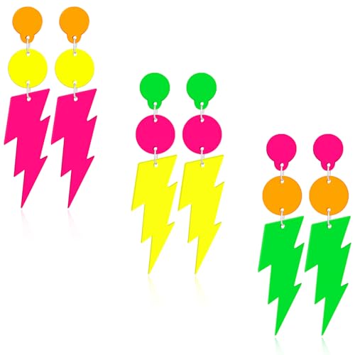 3Pairs 80s Neon Earrings for Women Colorful Lightning Acrylic Drop Earring Retro Geometric Dangle Earring Neon Earrings Bulk for 80s Outfit Glow Party 80s Accessories Jewelry-Lightning