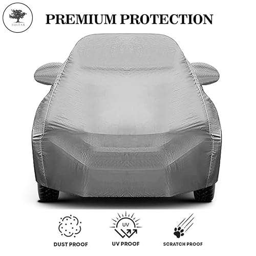 Image of Sulfar 100% Waterproof Car Body Cover Compatible with Mirror for Tata Tiago (Triple Stitched, Full Bottom Elastic, Grey-TB)