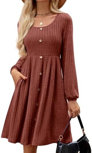 JUSTFASHIONNOW Womens Knit Dress Long Sleeve Knee Length Dresses Button Fall Dress with Pockets Trendy 2025