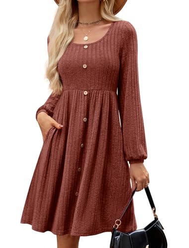 JUSTFASHIONNOW Womens Knit Dress Long Sleeve Knee Length Dresses Button Fall Dress with Pockets Trendy 2025