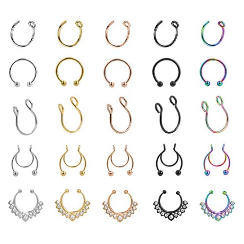 Fake Nose Rings Hoop Set Stainless Steel Faux Fake Lip Ear Nose Septum Ring Non-Pierced Clip On Nose Hoop Rings Fake Septum Nose Hoop Rings Faux Rings Bulk Non Piercing Body Piercing Jewelry 25 Pcs
