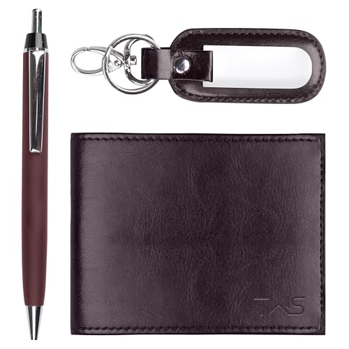 Portefeuille en cuir synthétique marron chic en coffret avec stylo assorti