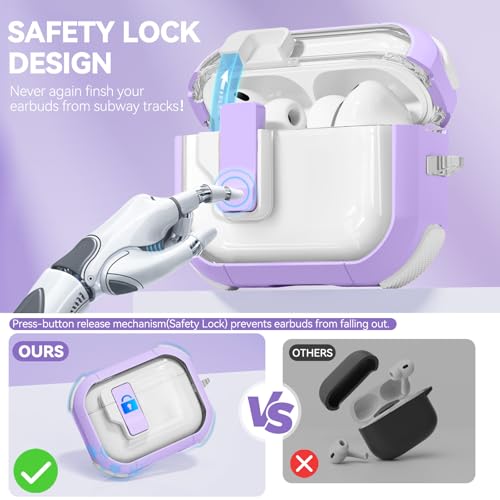 Image of Safety Lock for AirPods Pro 3 Case Clear, Ekoonpft Anti-Yellowing Case Cover for Apple AirPods Pro 3rd Gen 2025, with Cleaner, Keychain & Silicone Strap & Bear Charms for Women Girly, Purple