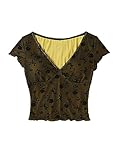 Floerns Women's Short Sleeve Lace Lettuce Trim Crop Top 90s Tee Shirt Black and Yellow S