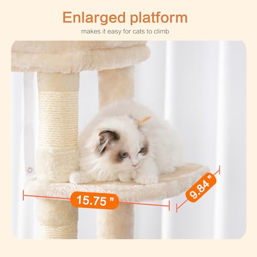 Image of Heybly Cat Tree for Large Cats, 20lbs Heavy Duty, 60 inches HCT050M | Cat Tower for Indoor Cats with Big Padded Plush Perch, Multi-Level Furniture Condo with Cozy Basket, Beige