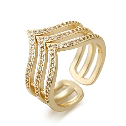Winssigma Statement Rings For Women, Chevron Pointed V Shaped Open Ring, 18K Gold Plated Cubic Zirconia Adjustable Rings For Women(Gold V Ring) #TOP12
