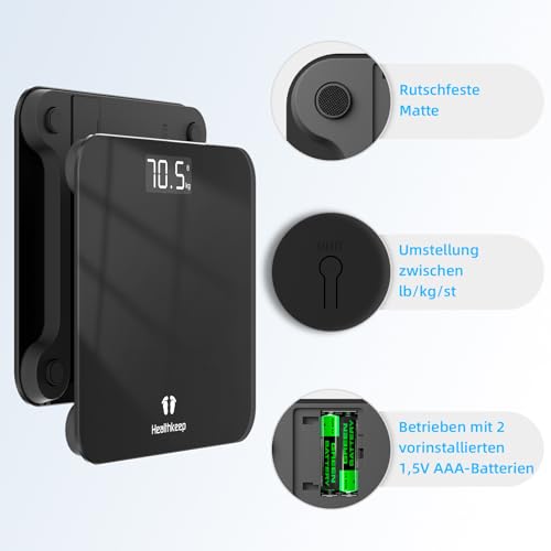 Healthkeep Personenwaage - Digital Körperwaage mit Hochpräzisions-Sensoren Tragkraft bis 180 kg, Digitalwaage mit Klare LED-Anzeig, Waage Personen aus Kompakt Siche rheitsglas 26 * 26cm-Schwarz