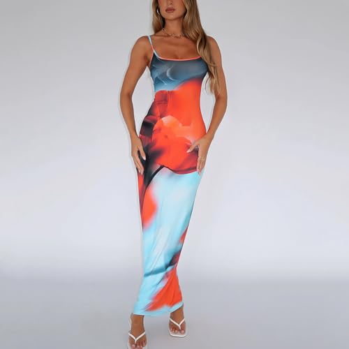 Image of Womens Summer Casual Floral Dresses Spaghetti Strap Bodycon Maxi Beach Dress Elegant Evening Party Long Dresses
