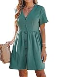 CUPSHE Women's Seersucker Button-Front Mini Dress Short Sleeves Dresses V Neck Dressing Casual Summer, X-Large Green