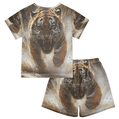 senya Short Sleeve Pajamas Sets Summer Cotton Sleepwear Angry Running Tiger2