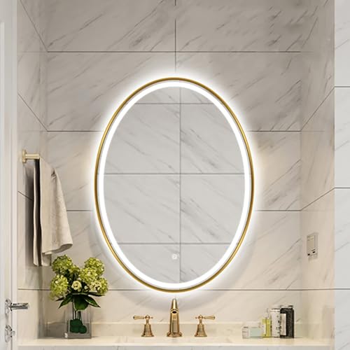 Qinhaixi Mirror Ovalado Ovalado de 32 'x24 para el baño Anti-Fog LED MAPIA DE MAPITA DE MATILLO para LA ESPULA 3 Color Control táctil Dimmable Decorative Gold Marco destrozado (Delantero,