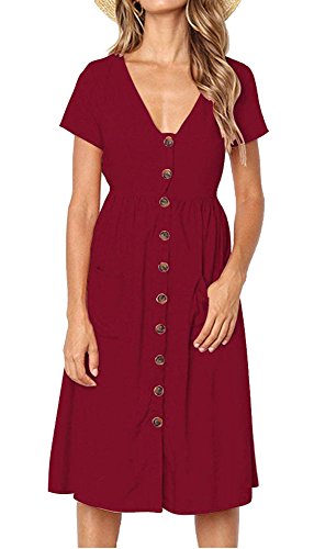 Summer Dresses for Women Casual Midi Dress Short Sleeve Shirt Dress V Neck Button Decoration Swing A Line Tunic Dress with Pockets Size S = UK 8-10 Red