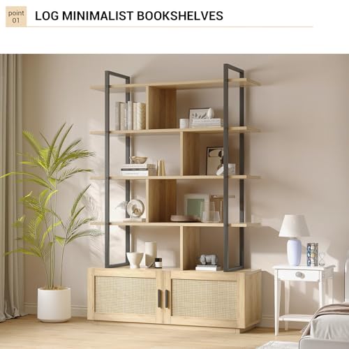 5 Tier Tall Bookshelf with Open Display Shelves, 71 Inch Rattan Classical Book Shelf with Storage, 5 Open Storage Bookcase with Metal Frame for Living Room, Bedroom and Home Office