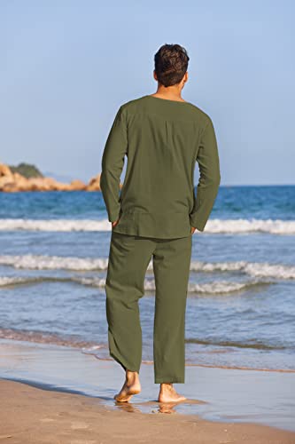 طقم ثياب للرجال من كوفاندي مكون من قطعتين من الكتان القطني للرجال مكون من قميص هينلي باكمام طويلة وبنطلون كاجوال، ملابس صيفية للشاطئ واليوغا, اخضر جيشي, 3XL