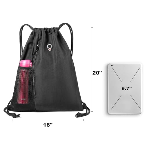 Image of BeeGreen Mix Black Drawstring-Backpack-Gym-Bag, Large Sports Bag For Women W Water Bottle Pocket &Front Zippered Pocket, String Sackpack For Traveling Yoga Beach Outdoor
