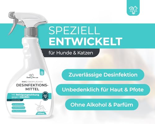 Anti Giardien Spray - RWC - Oberflächen Desinfektionsmittel für Hunde und Katzen - Effektives Hygienespray für Oberflächen mit Reinigungswirkung gegen Giardien, Viren, Bakterien & Pilze 500ml