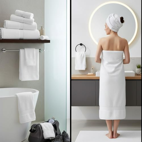 Image of Sulfar 100% Combed Cotton, 6 Pcs Towel Set - 2 Bath Towels (70 x 140 cm), 2 Hand Towels (40 x 70 cm) and 2 Face (30 x 30 cm) (600 GSM, Pack of 6) White