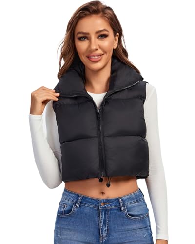 Fuinloth Women's Padded Vest, High Stand Collar Lightweight Zip Crop Puffer Gilet - Image 7