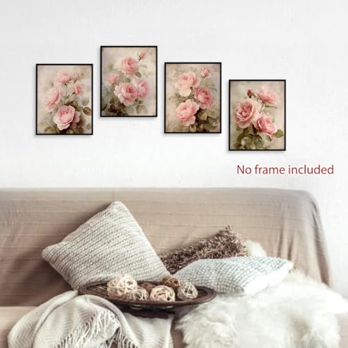 Image of laveliabel Vintage Pink Flower Wall Art Prints Set of 4 Unframed, Shabby Chic Wall Decor, Vintage Retro Floral WallArt, Preppy Coquette Pink Floral Poster Prints for Home Room WallDecor 8x10inches